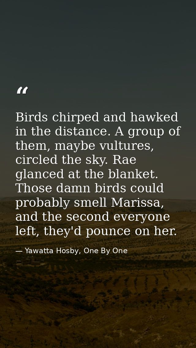 Birds chirped and hawked in the distance. A group of them, maybe vultures, circled the sky. Rae glanced at the blanket.  — Yawatta Hosby, One By One