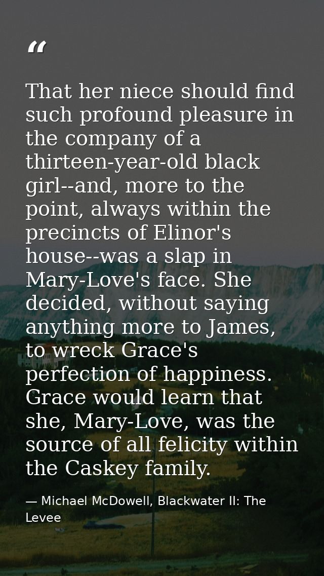 That her niece should find such profound pleasure in the company of a thirteen-year-old black girl--and, more to the poi — Michael McDowell, Blackwater II: The Levee