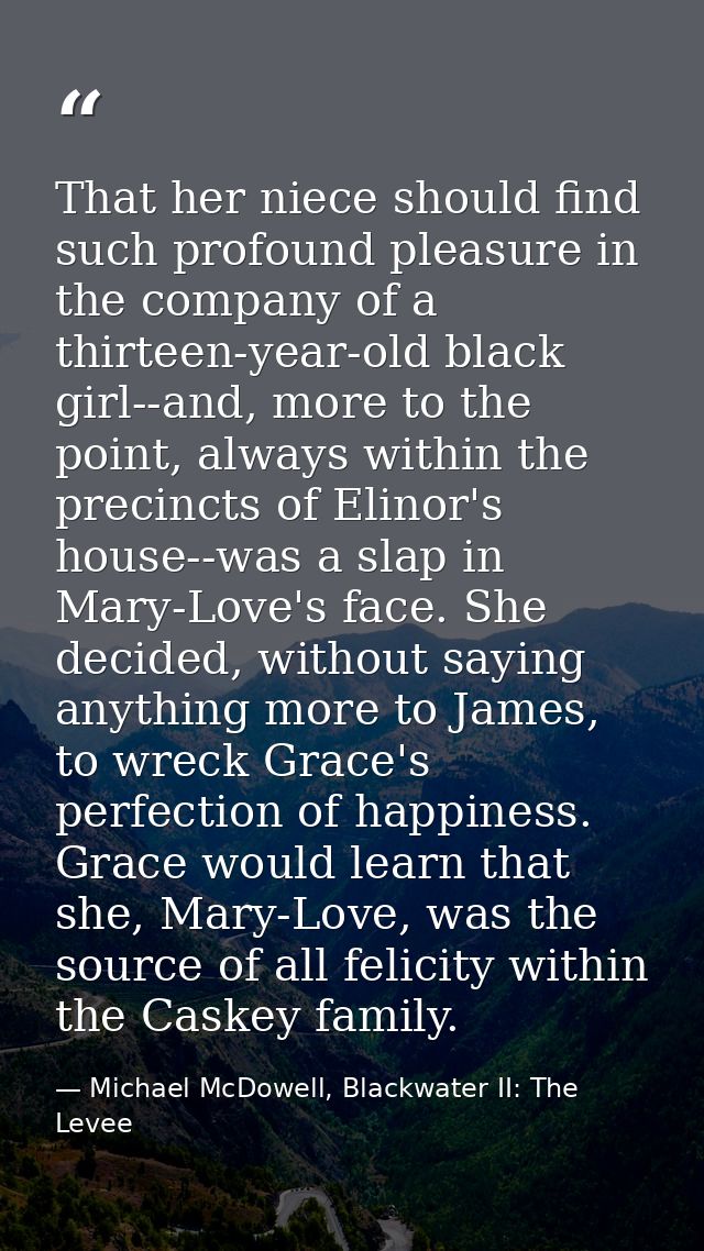That her niece should find such profound pleasure in the company of a thirteen-year-old black girl--and, more to the poi — Michael McDowell, Blackwater II: The Levee