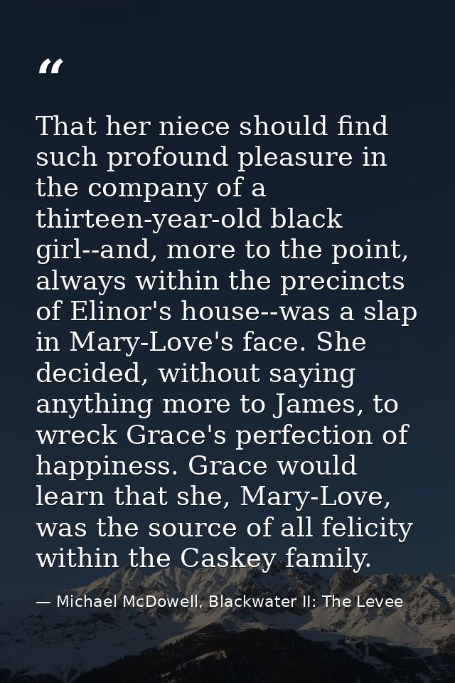 That her niece should find such profound pleasure in the company of a thirteen-year-old black girl--and, more to the poi — Michael McDowell, Blackwater II: The Levee