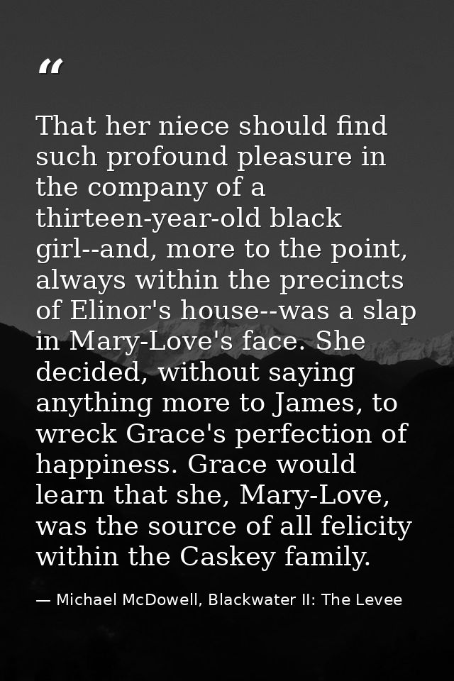 That her niece should find such profound pleasure in the company of a thirteen-year-old black girl--and, more to the poi — Michael McDowell, Blackwater II: The Levee
