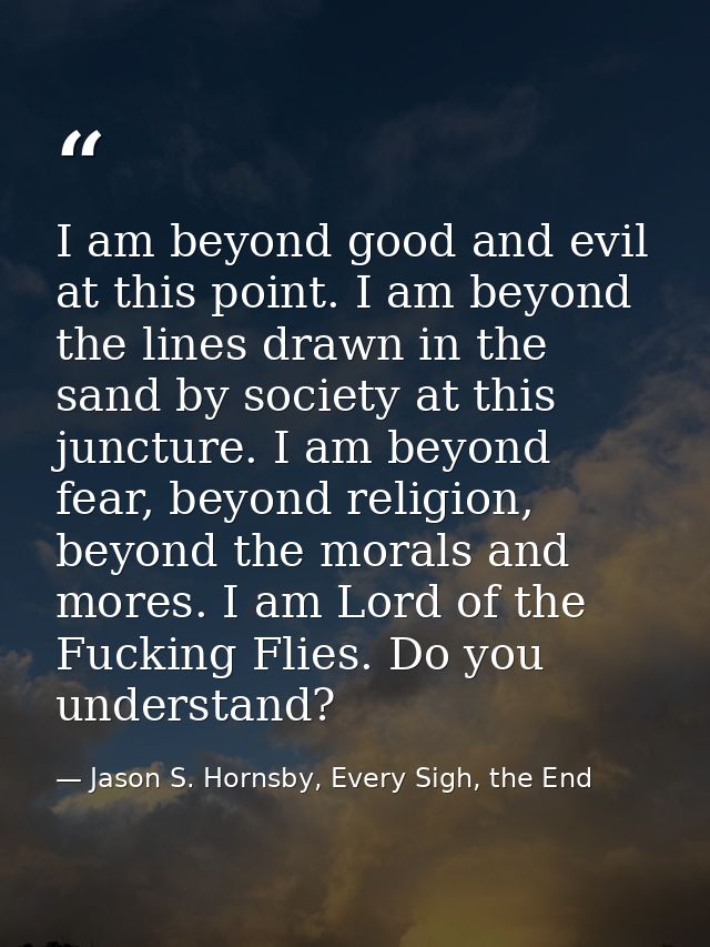 I am beyond good and evil at this point. I am beyond the lines drawn in the sand by society at this juncture. I am beyon — Jason S. Hornsby, Every Sigh, the End