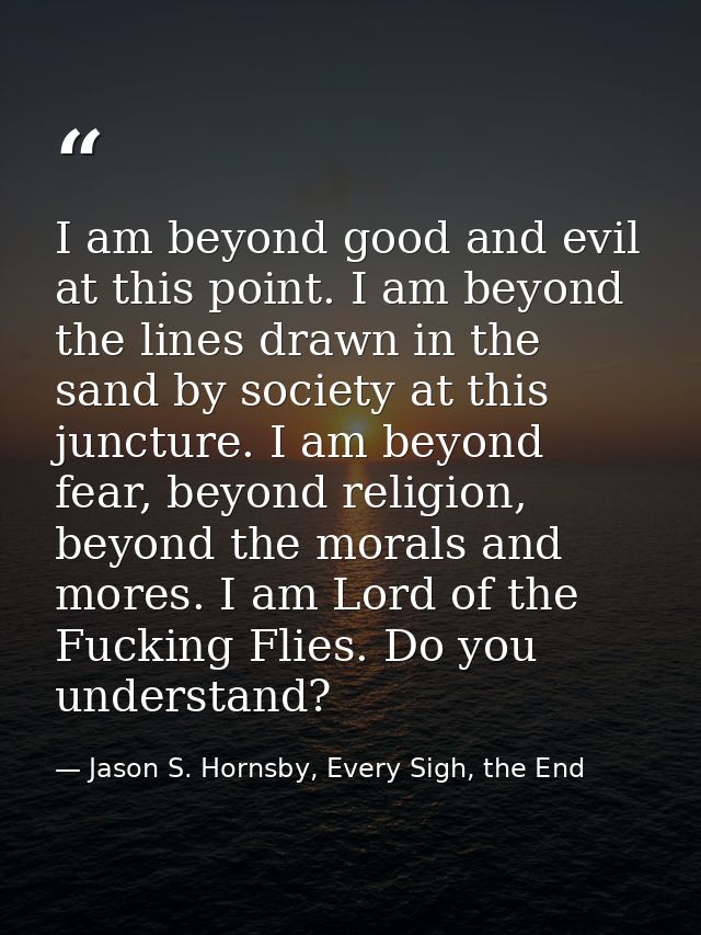 I am beyond good and evil at this point. I am beyond the lines drawn in the sand by society at this juncture. I am beyon — Jason S. Hornsby, Every Sigh, the End