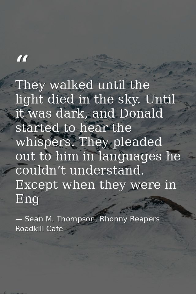 They walked until the light died in the sky. Until it was dark, and Donald started to hear the whispers. They pleaded ou — Sean M. Thompson, Rhonny Reapers Roadkill Cafe