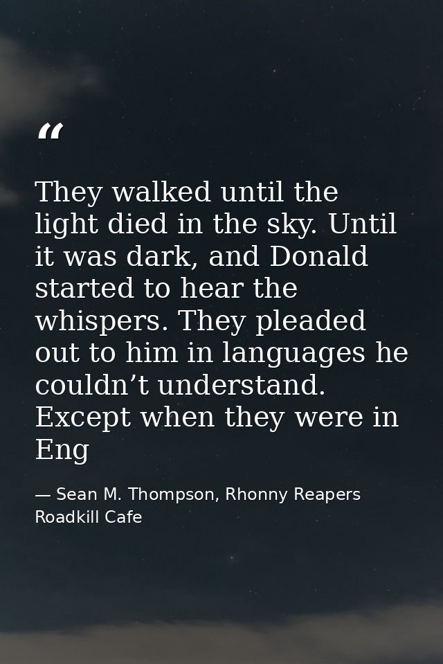 They walked until the light died in the sky. Until it was dark, and Donald started to hear the whispers. They pleaded ou — Sean M. Thompson, Rhonny Reapers Roadkill Cafe