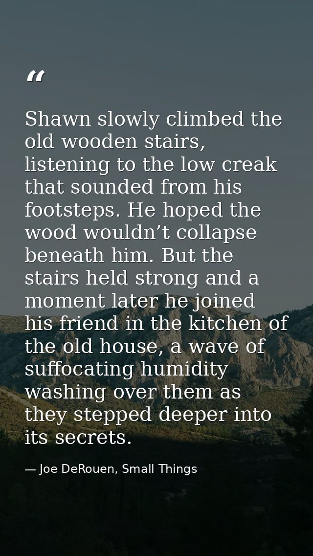 Shawn slowly climbed the old wooden stairs, listening to the low creak that sounded from his footsteps. He hoped the woo — Joe DeRouen, Small Things