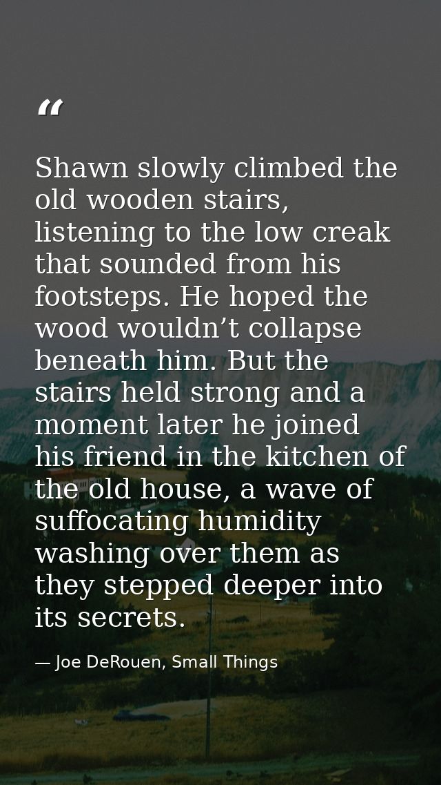 Shawn slowly climbed the old wooden stairs, listening to the low creak that sounded from his footsteps. He hoped the woo — Joe DeRouen, Small Things