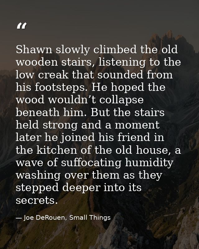 Shawn slowly climbed the old wooden stairs, listening to the low creak that sounded from his footsteps. He hoped the woo — Joe DeRouen, Small Things