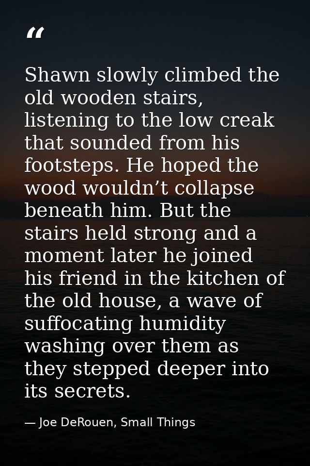 Shawn slowly climbed the old wooden stairs, listening to the low creak that sounded from his footsteps. He hoped the woo — Joe DeRouen, Small Things