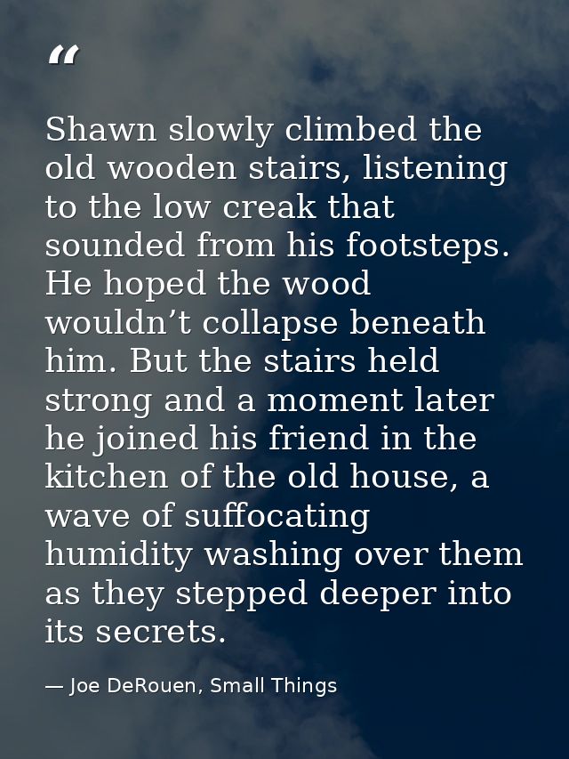 Shawn slowly climbed the old wooden stairs, listening to the low creak that sounded from his footsteps. He hoped the woo — Joe DeRouen, Small Things