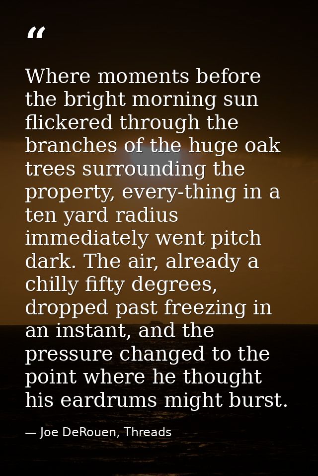 Where moments before the bright morning sun flickered through the branches of the huge oak trees surrounding the propert — Joe DeRouen, Threads