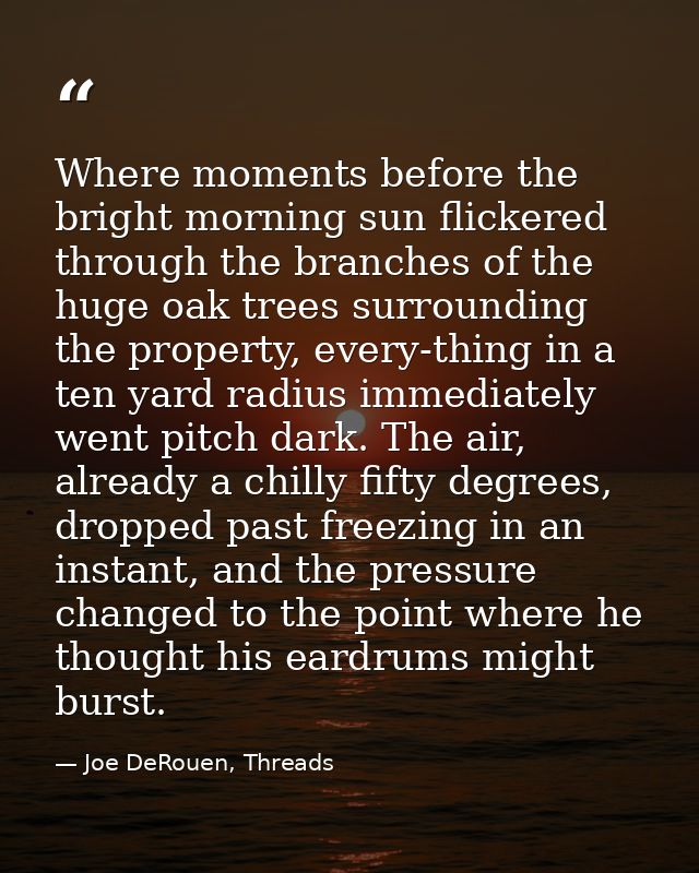 Where moments before the bright morning sun flickered through the branches of the huge oak trees surrounding the propert — Joe DeRouen, Threads