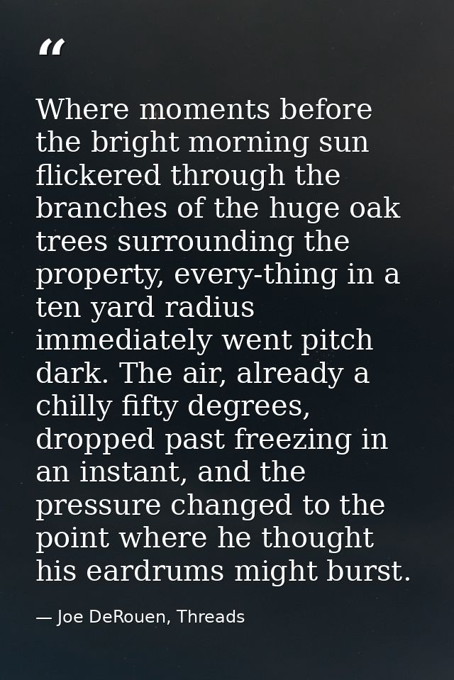 Where moments before the bright morning sun flickered through the branches of the huge oak trees surrounding the propert — Joe DeRouen, Threads