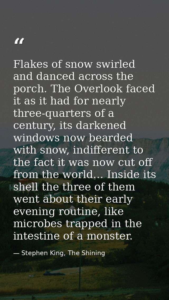 Flakes of snow swirled and danced across the porch. The Overlook faced it as it had for nearly three-quarters of a centu — Stephen King, The Shining