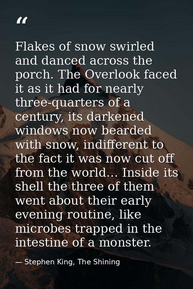 Flakes of snow swirled and danced across the porch. The Overlook faced it as it had for nearly three-quarters of a centu — Stephen King, The Shining