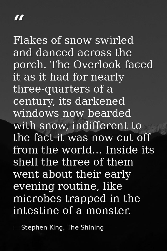 Flakes of snow swirled and danced across the porch. The Overlook faced it as it had for nearly three-quarters of a centu — Stephen King, The Shining