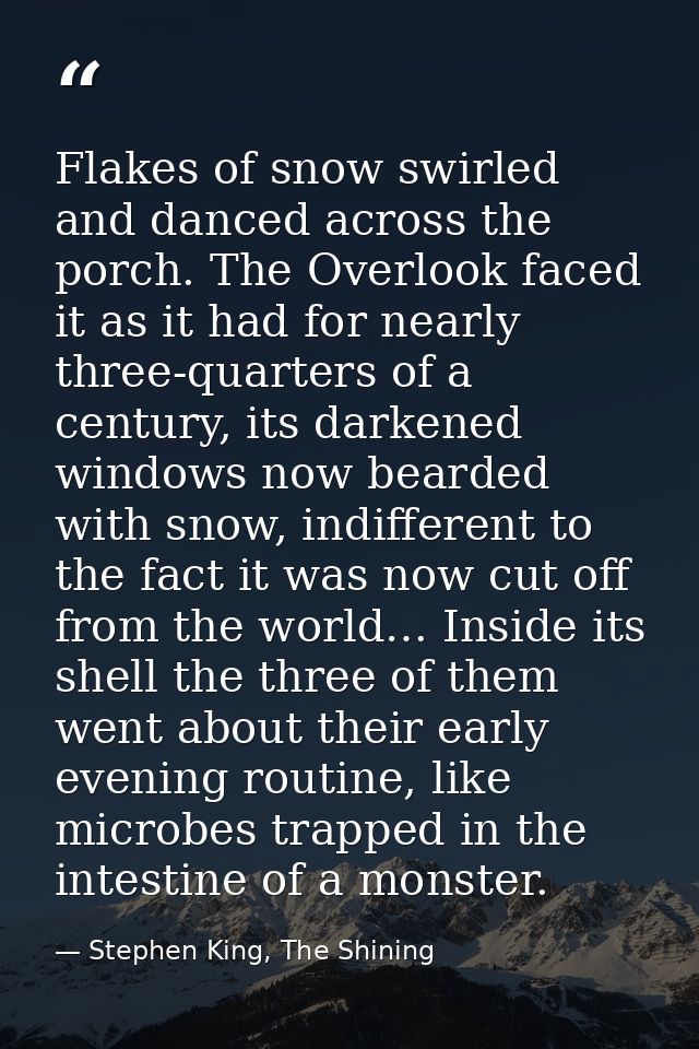 Flakes of snow swirled and danced across the porch. The Overlook faced it as it had for nearly three-quarters of a centu — Stephen King, The Shining