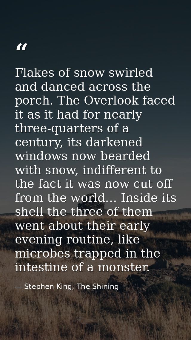 Flakes of snow swirled and danced across the porch. The Overlook faced it as it had for nearly three-quarters of a centu — Stephen King, The Shining