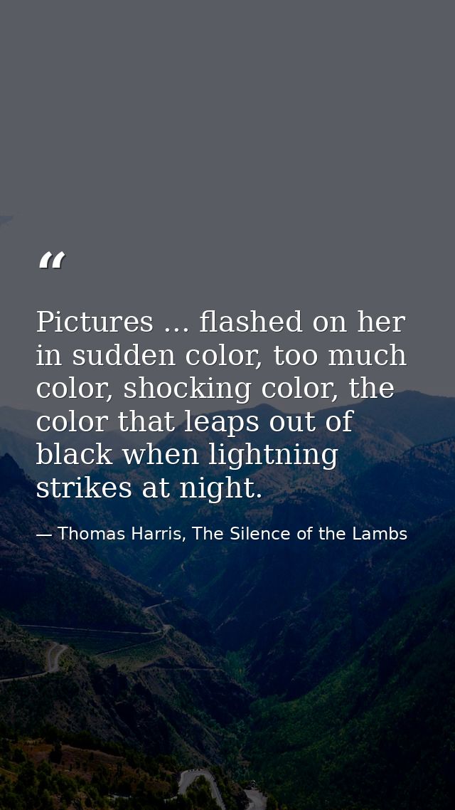 Pictures ... flashed on her in sudden color, too much color, shocking color, the color that leaps out of black when ligh — Thomas Harris, The Silence of the Lambs