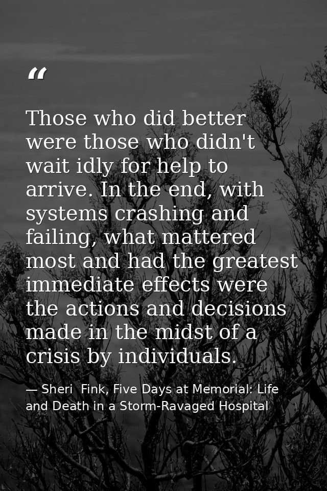 Those who did better were those who didn't wait idly for help to arrive. In the end, with systems crashing and failing,  — Sheri  Fink, Five Days at Memorial: Life and Death in a Storm-Ravaged Hospital