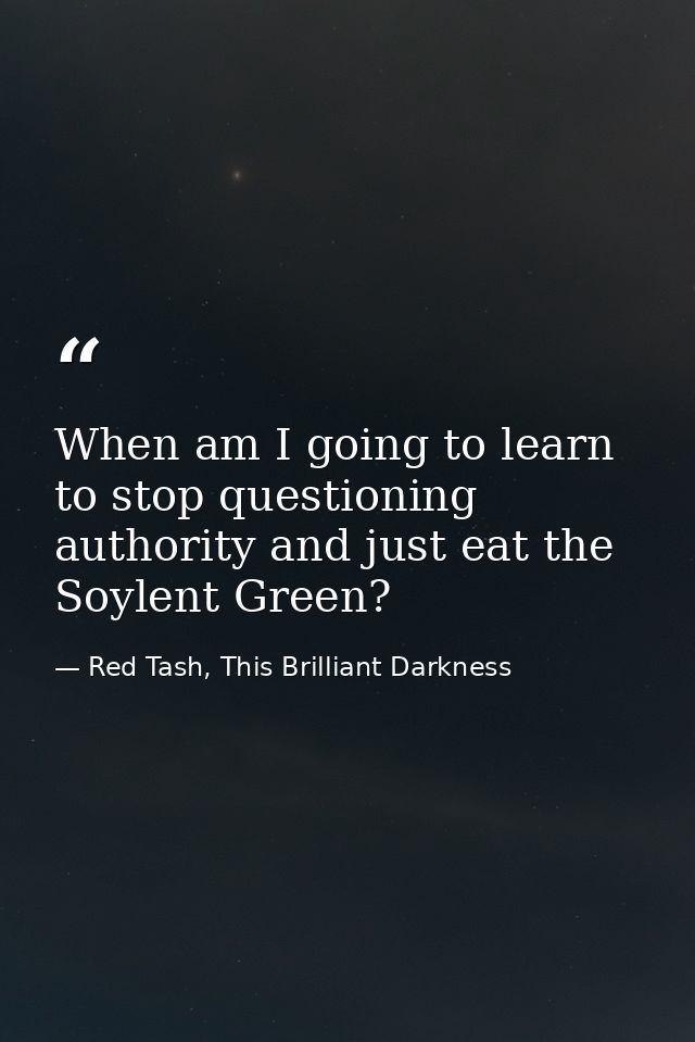 When am I going to learn to stop questioning authority and just eat the Soylent Green? — Red Tash, This Brilliant Darkness