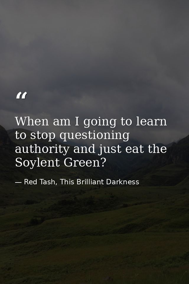 When am I going to learn to stop questioning authority and just eat the Soylent Green? — Red Tash, This Brilliant Darkness