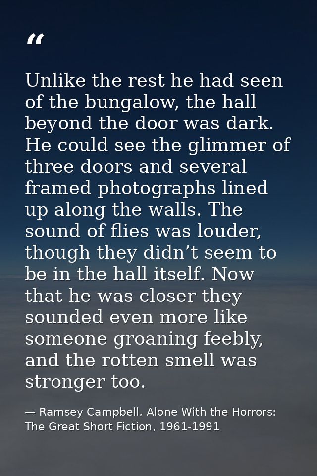 Unlike the rest he had seen of the bungalow, the hall beyond the door was dark. He could see the glimmer of three doors  — Ramsey Campbell, Alone With the Horrors: The Great Short Fiction, 1961-1991