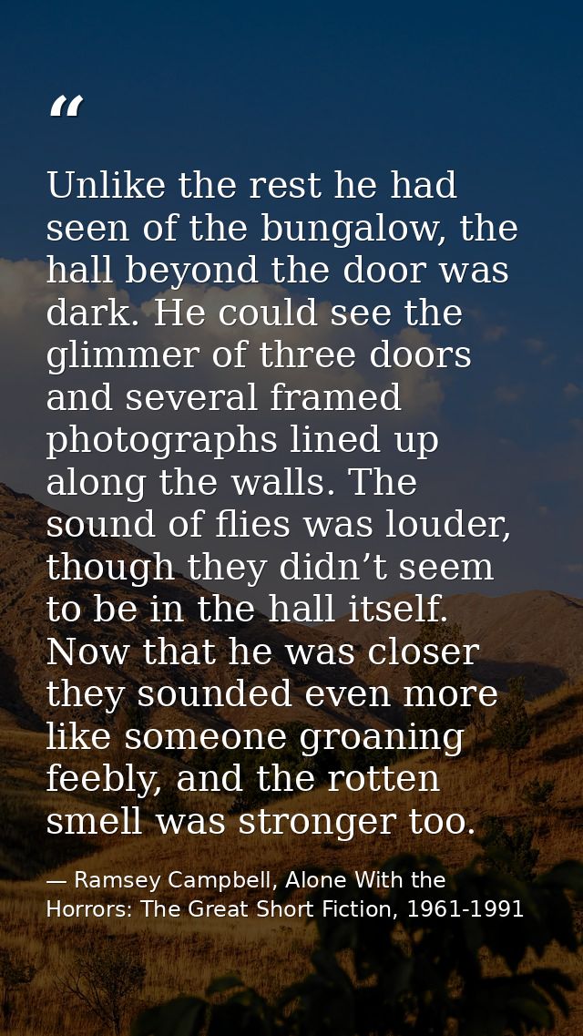 Unlike the rest he had seen of the bungalow, the hall beyond the door was dark. He could see the glimmer of three doors  — Ramsey Campbell, Alone With the Horrors: The Great Short Fiction, 1961-1991