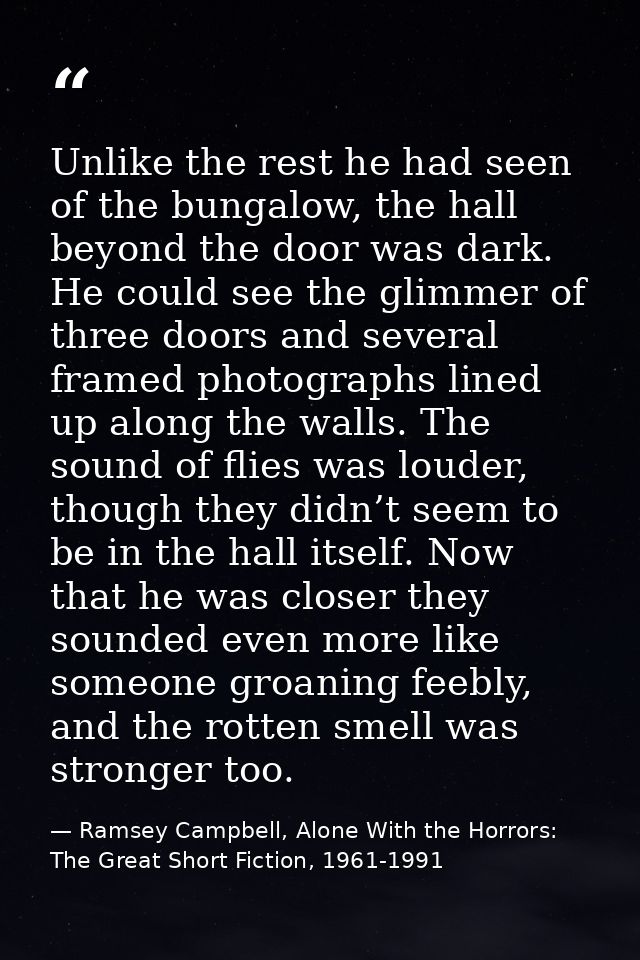 Unlike the rest he had seen of the bungalow, the hall beyond the door was dark. He could see the glimmer of three doors  — Ramsey Campbell, Alone With the Horrors: The Great Short Fiction, 1961-1991