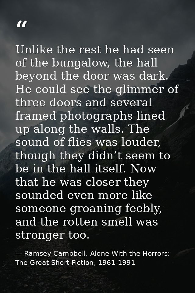 Unlike the rest he had seen of the bungalow, the hall beyond the door was dark. He could see the glimmer of three doors  — Ramsey Campbell, Alone With the Horrors: The Great Short Fiction, 1961-1991