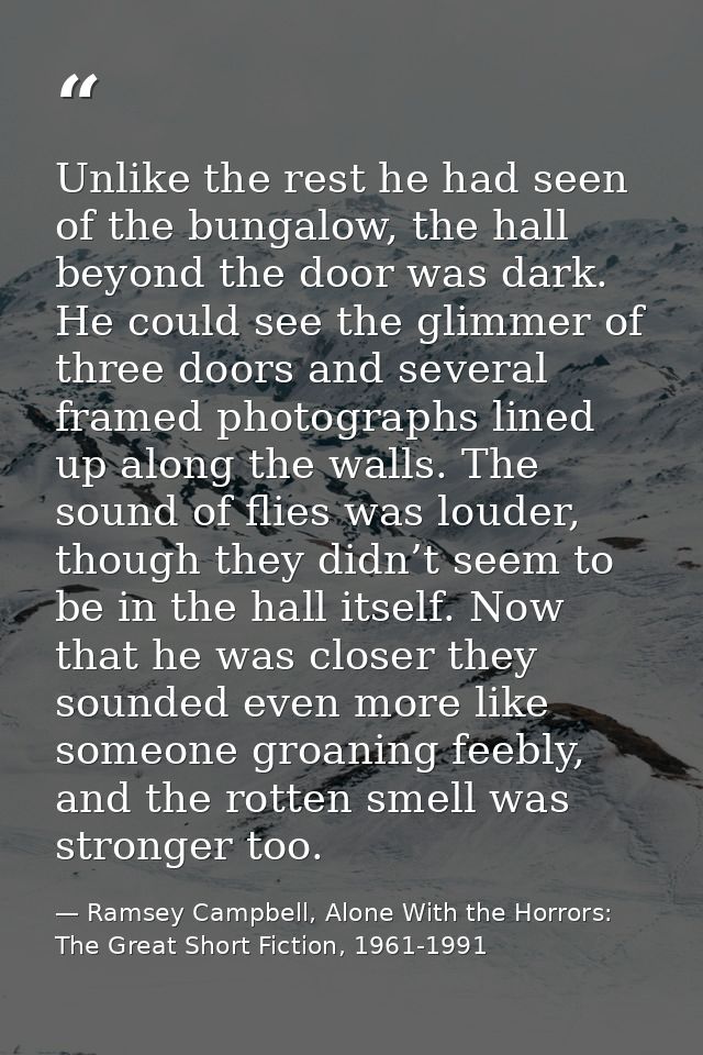 Unlike the rest he had seen of the bungalow, the hall beyond the door was dark. He could see the glimmer of three doors  — Ramsey Campbell, Alone With the Horrors: The Great Short Fiction, 1961-1991