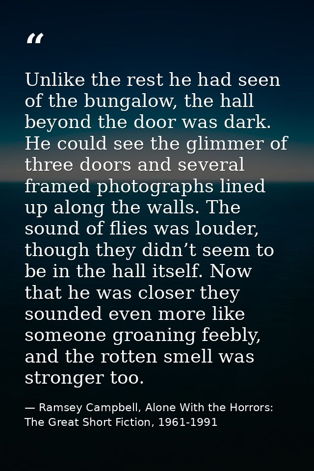 Unlike the rest he had seen of the bungalow, the hall beyond the door was dark. He could see the glimmer of three doors  — Ramsey Campbell, Alone With the Horrors: The Great Short Fiction, 1961-1991