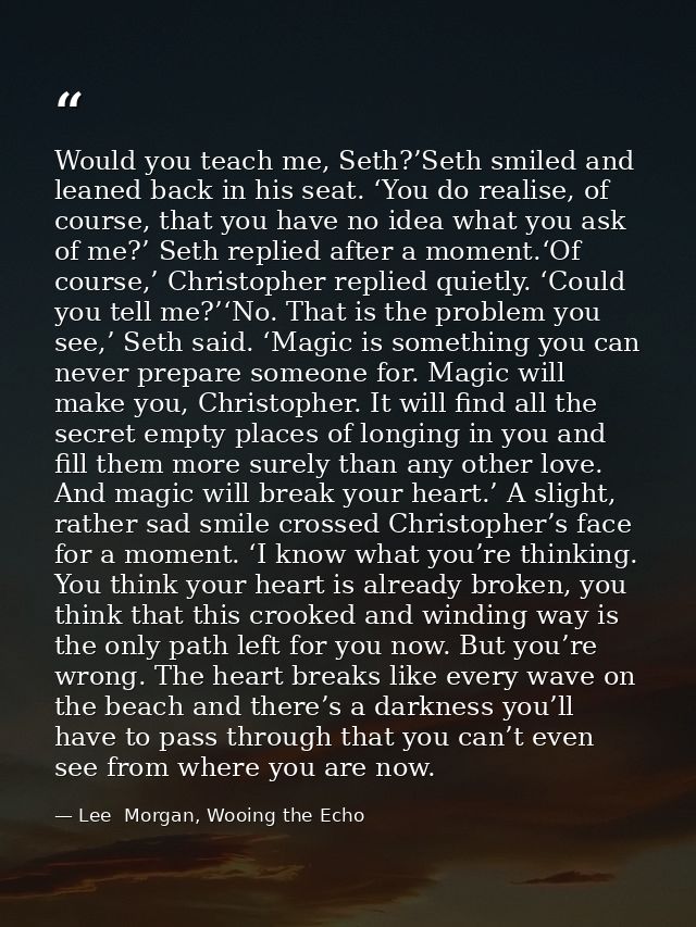 Would you teach me, Seth?’Seth smiled and leaned back in his seat. ‘You do realise, of course, that you have no idea wha — Lee  Morgan, Wooing the Echo