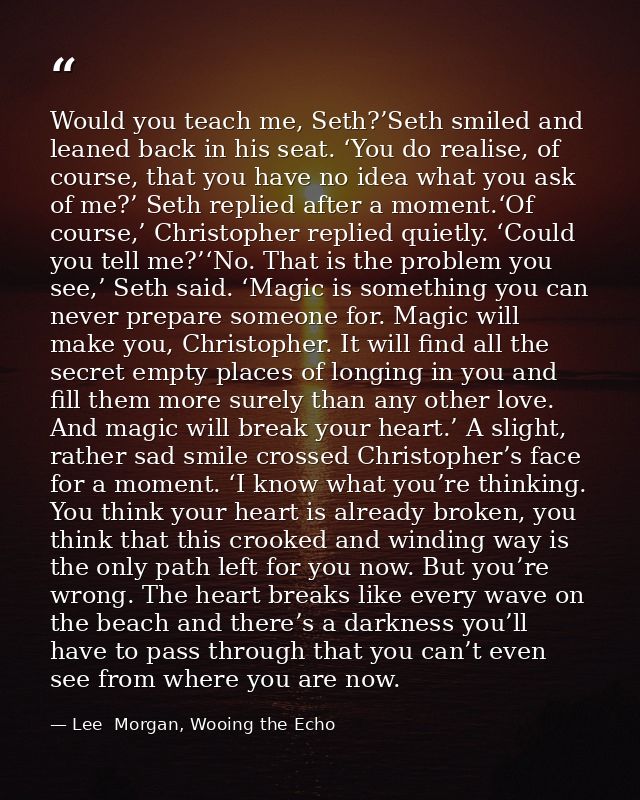 Would you teach me, Seth?’Seth smiled and leaned back in his seat. ‘You do realise, of course, that you have no idea wha — Lee  Morgan, Wooing the Echo