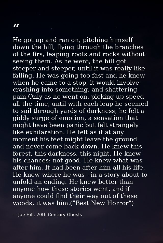 He got up and ran on, pitching himself down the hill, flying through the branches of the firs, leaping roots and rocks w — Joe Hill, 20th Century Ghosts