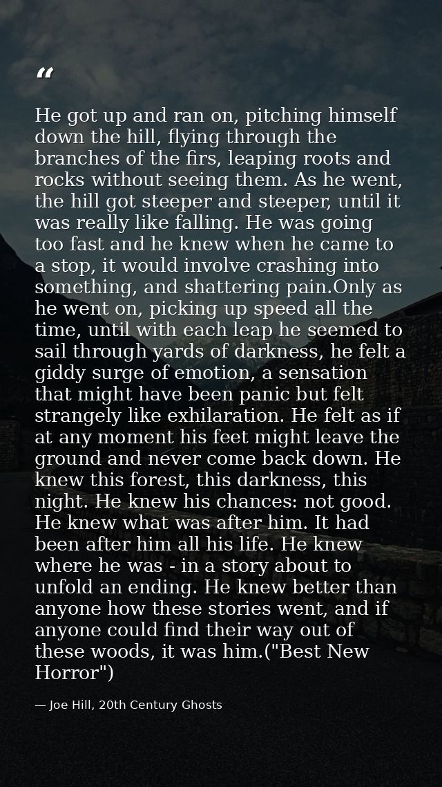 He got up and ran on, pitching himself down the hill, flying through the branches of the firs, leaping roots and rocks w — Joe Hill, 20th Century Ghosts