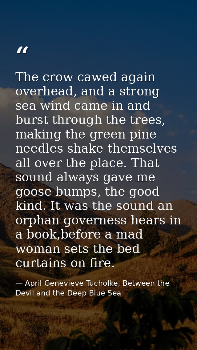 The crow cawed again overhead, and a strong sea wind came in and burst through the trees, making the green pine needles  — April Genevieve Tucholke, Between the Devil and the Deep Blue Sea