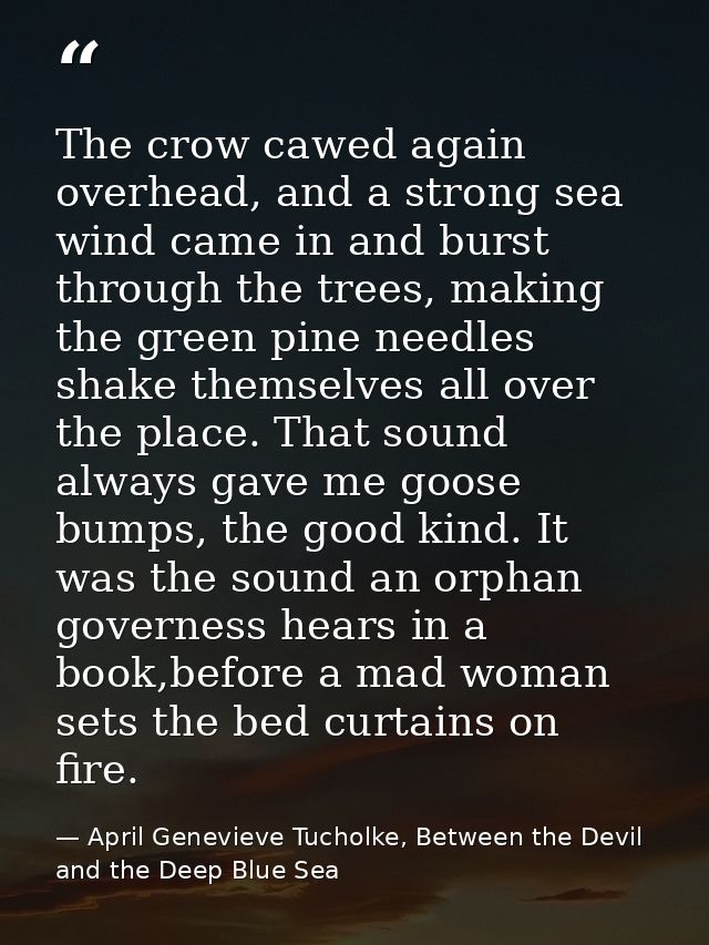 The crow cawed again overhead, and a strong sea wind came in and burst through the trees, making the green pine needles  — April Genevieve Tucholke, Between the Devil and the Deep Blue Sea