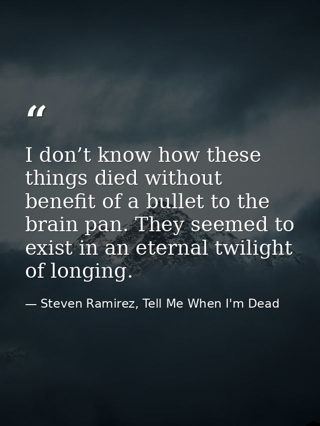 I don’t know how these things died without benefit of a bullet to the brain pan. They seemed to exist in an eternal twil — Steven Ramirez, Tell Me When I'm Dead