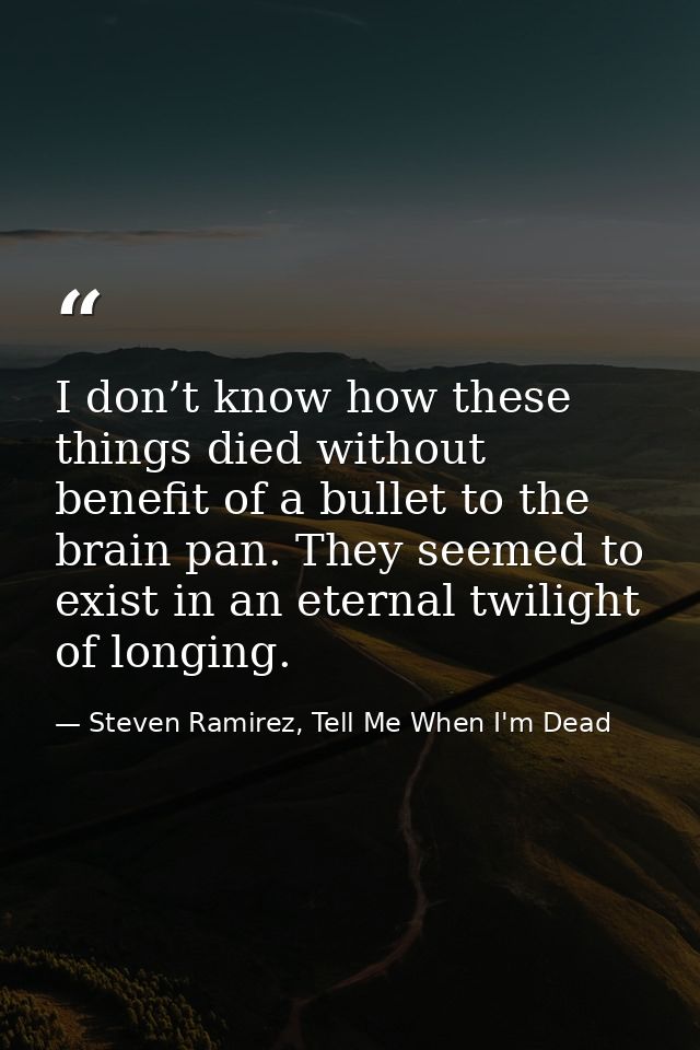 I don’t know how these things died without benefit of a bullet to the brain pan. They seemed to exist in an eternal twil — Steven Ramirez, Tell Me When I'm Dead