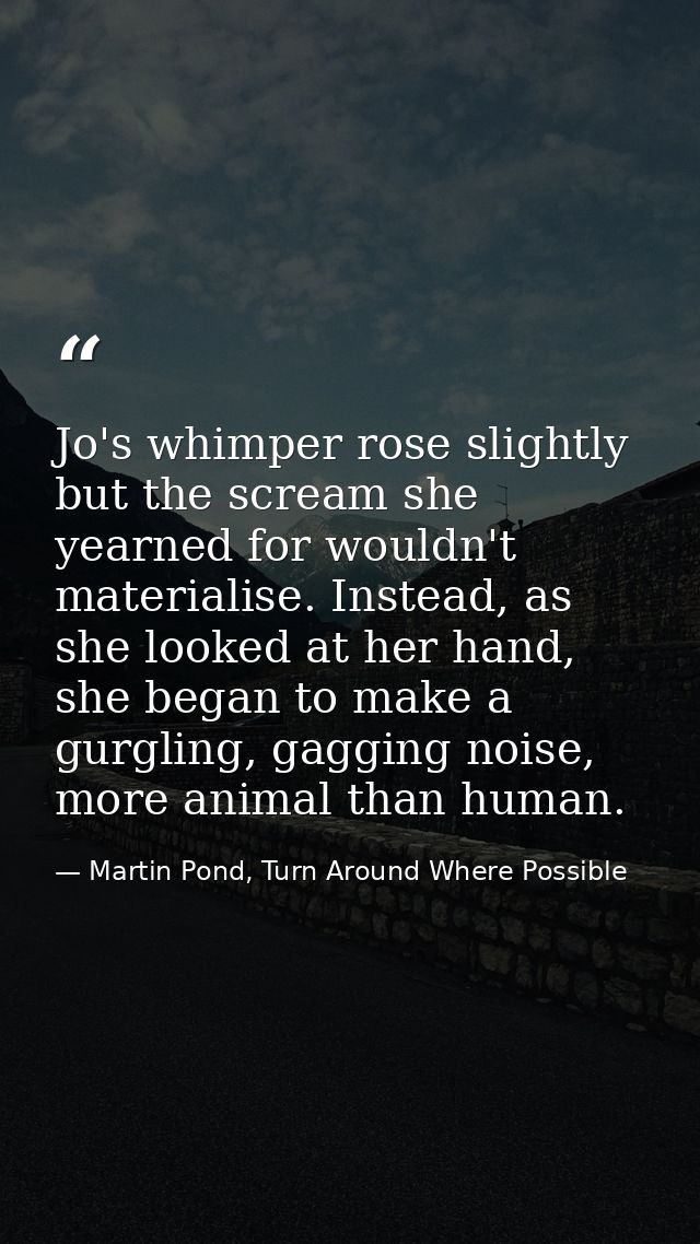 Jo's whimper rose slightly but the scream she yearned for wouldn't materialise. Instead, as she looked at her hand, she  — Martin Pond, Turn Around Where Possible