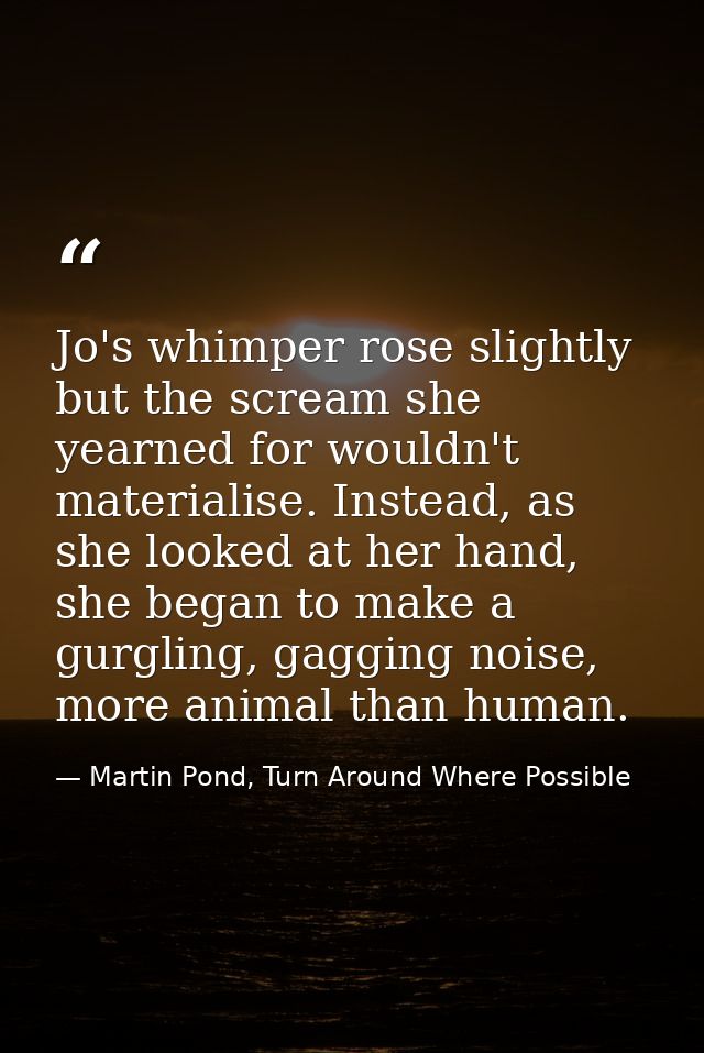 Jo's whimper rose slightly but the scream she yearned for wouldn't materialise. Instead, as she looked at her hand, she  — Martin Pond, Turn Around Where Possible