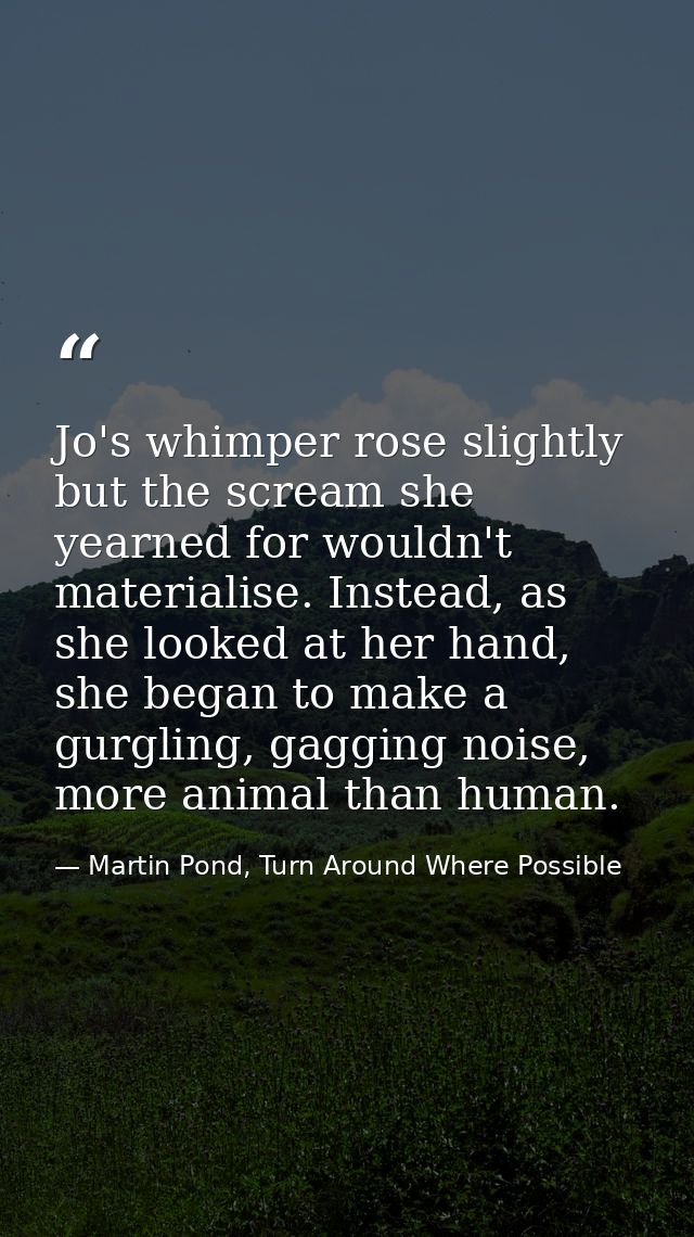 Jo's whimper rose slightly but the scream she yearned for wouldn't materialise. Instead, as she looked at her hand, she  — Martin Pond, Turn Around Where Possible