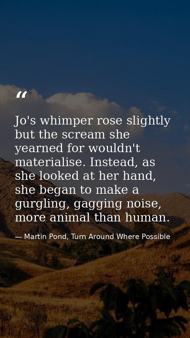 Jo's whimper rose slightly but the scream she yearned for wouldn't materialise. Instead, as she looked at her hand, she  — Martin Pond, Turn Around Where Possible