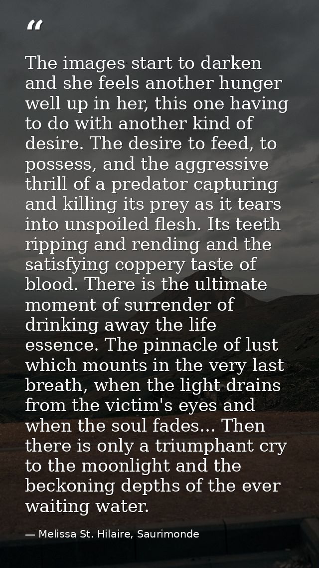 The images start to darken and she feels another hunger well up in her, this one having to do with another kind of desir — Melissa St. Hilaire, Saurimonde
