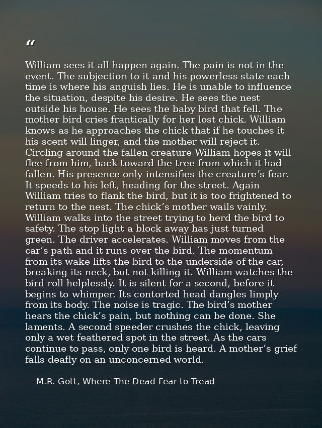 William sees it all happen again. The pain is not in the event. The subjection to it and his powerless state each time i — M.R. Gott, Where The Dead Fear to Tread