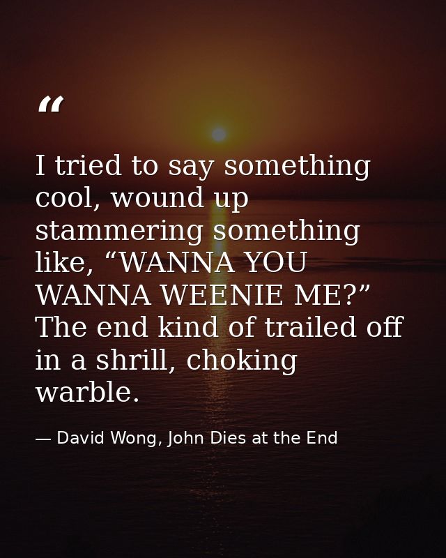 I tried to say something cool, wound up stammering something like, “WANNA YOU WANNA WEENIE ME?” The end kind of trailed  — David Wong, John Dies at the End