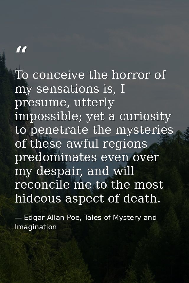 To conceive the horror of my sensations is, I presume, utterly impossible; yet a curiosity to penetrate the mysteries of — Edgar Allan Poe, Tales of Mystery and Imagination