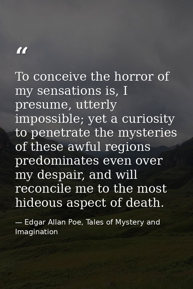 To conceive the horror of my sensations is, I presume, utterly impossible; yet a curiosity to penetrate the mysteries of — Edgar Allan Poe, Tales of Mystery and Imagination