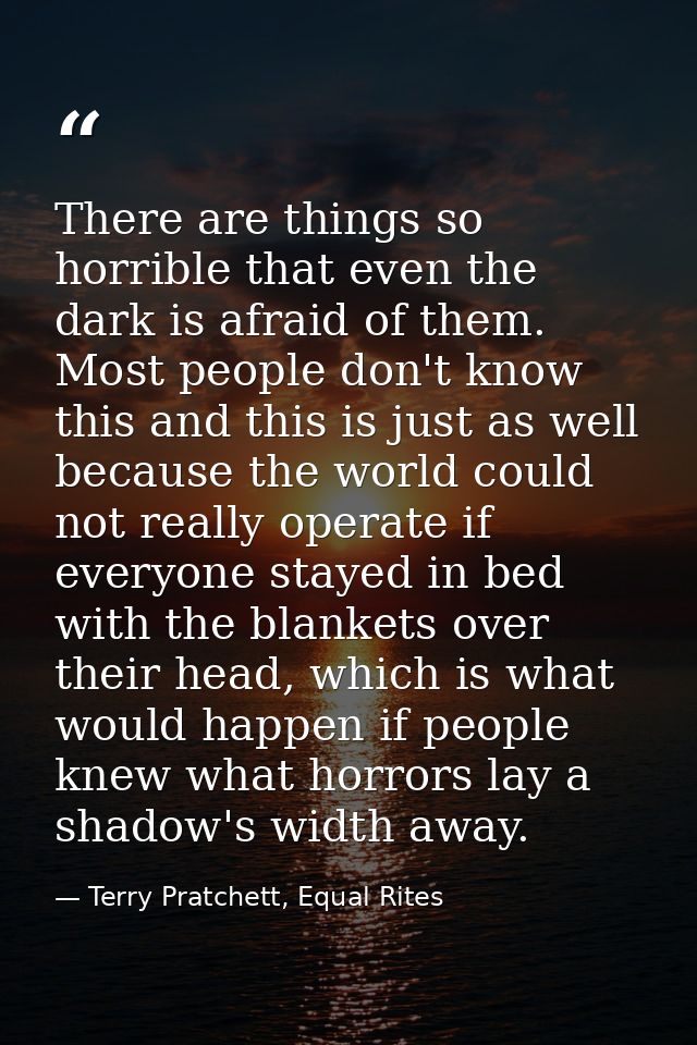 There are things so horrible that even the dark is afraid of them. Most people don't know this and this is just as well  — Terry Pratchett, Equal Rites